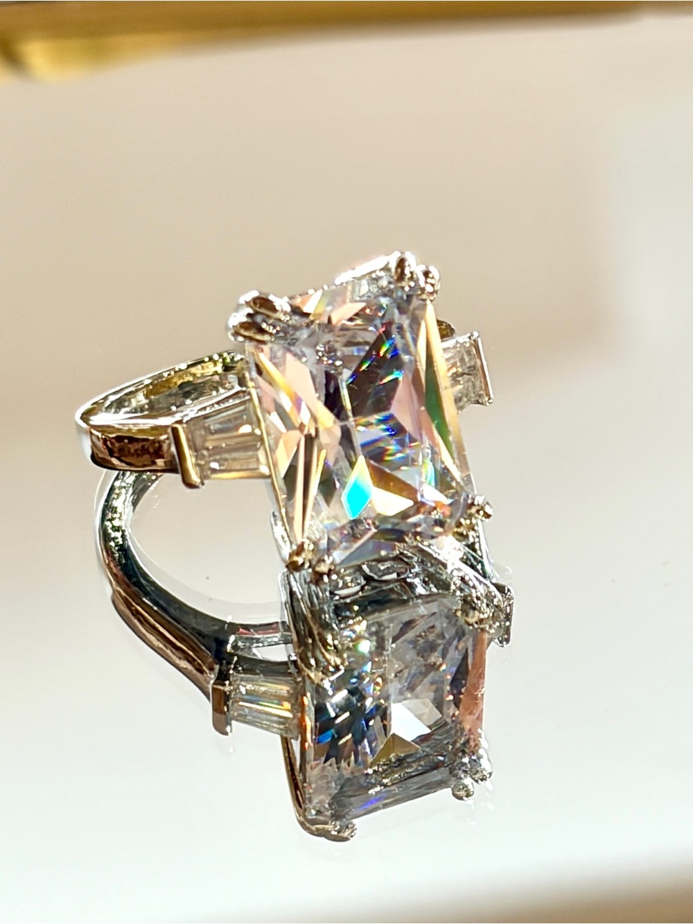 New 8ct Radiant Cut with Baguette accents CZ Silver Tone Bridal ring in 7
